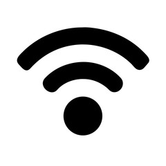 Minimal solid black icon of a Wi-Fi signal with three arcs, representing internet connectivity, wireless network, or tech access. 
