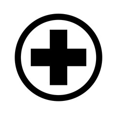 Fototapeta premium Black cross inside a circle symbolizing healthcare, first aid, medical assistance, or emergency response in clinical and health contexts. 
