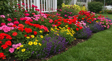 Colorful Flowerbed Displaying a Variety of Flowers in Front of a House
