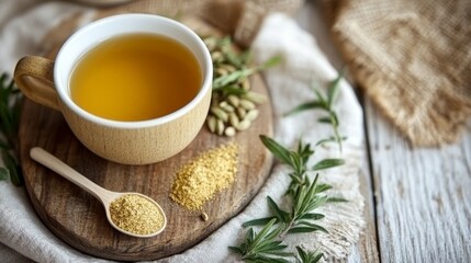 A wooden cutting board featuring a cup of herbal tea, a spoon of herbal powder, and fresh herbs arranged aesthetically