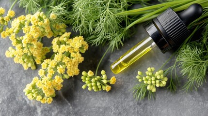 Fototapeta premium A minimalistic arrangement of dill seed-infused oil in a dropper bottle surrounded by fresh dill and yellow flowers