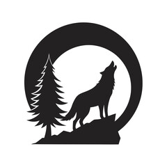 Wolf howling at moon in silhouette style
