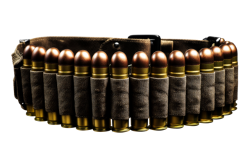 Bullet belt with metal cartridges on a transparent background