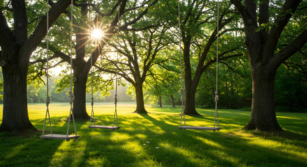 Sunlit Childhood: Tree Swings in the Golden Afternoon Light