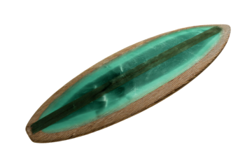 Vintage surfboard design with a unique turquoise finish and shape