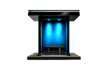 Modern bus shelter with blue lighting on transparent background