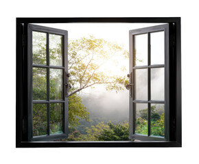 Fototapeta premium Fresh morning view from a window overlooking the lush green landscape