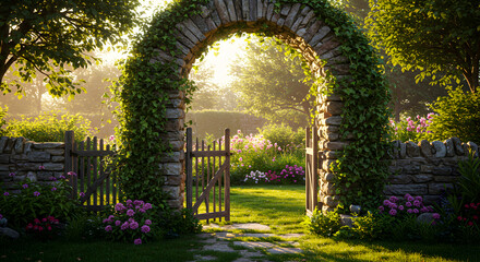 Fototapeta premium Stone Archway Entrance To Tranquil Garden With Blossoming Flowers