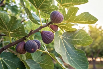 Harvesting fig fruits from a lush fig tree with large lobed leaves and purple figs in a serene orchard environment