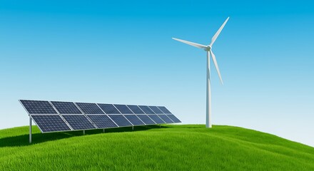 Solar panels and wind turbine on green hill under blue sky renewable energy clean energy sustainable power generation