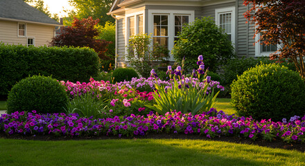 Obraz premium Idyllic Suburban Garden Displaying Vibrant Flowers and Manicured Lawn