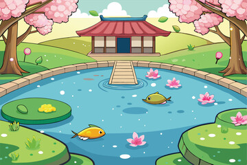 Serene japanese garden illustration featuring pond koi fish cherry blossoms and pagoda