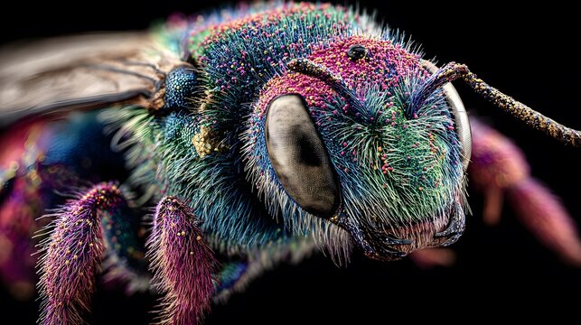 Extreme close-up of a vibrant, iridescent insect with colorful bristles, showcasing the intricate details of its anatomy.