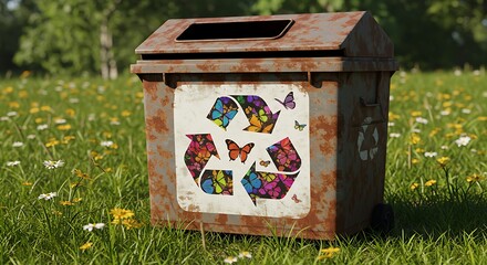 Recycle bin in field with butterflies and flowers rusty metal container outdoor garbage can environment