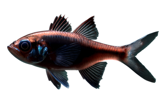 Black fish with iridescent fins swimming in clear water