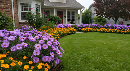 Lush Front Yard Displaying Colorful Flowers Of Orange And Purple Shades
