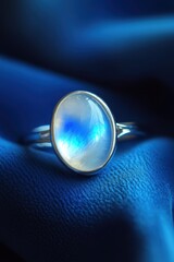 Obraz premium Elegant moonstone ring shimmering on a luxurious blue velvet backdrop reflecting ethereal light and showcasing jewelry craftsmanship with a close up shot