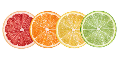 Obraz premium Four citrus fruit slices in horizontal arrangement on transparent background