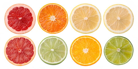 Fototapeta premium Eight citrus fruit slices arranged in two rows on transparent background