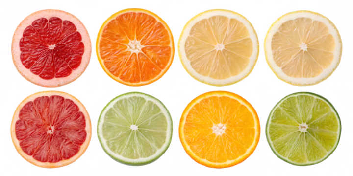 Eight citrus fruit slices arranged in two rows on transparent background