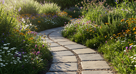 Obraz premium Stone Path Through Blooming Summer Garden Landscape In The Morning