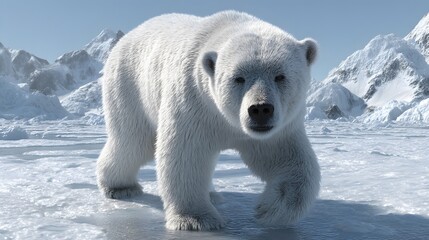 Polar bear walks on a snow-covered Arctic landscape with a backdrop of snow-capped mountains and a clear blue sky, animal wildlife