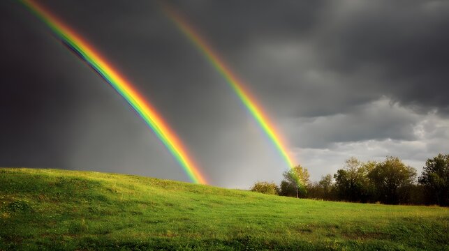 Double rainbow arches over a green, hilly field after a storm, contrasting against the dark, dramatic storm clouds in the sky. - Powered by Adobe