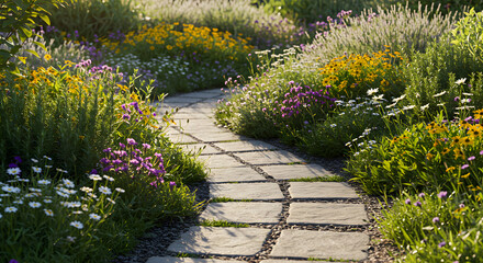 Stone Path Lined with Flowers in a Lush Tranquil Garden
