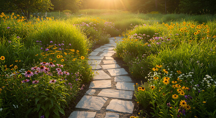 Obraz premium Pathway Through A Vibrant Meadow Landscape During Sunset With Stone Pavement