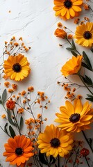 Orange flowers arranged on white textured background