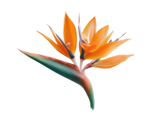 Bright orange bird of paradise with lush green leaves, cut out
