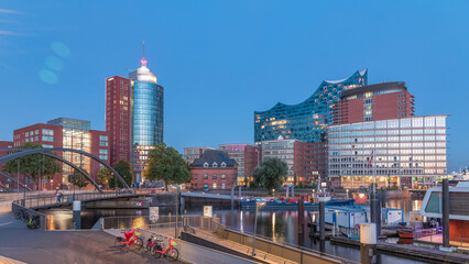 Jan Fedder Promenade day to night timelapse hyperlapse in Hamburg, Germany, a vibrant waterfront...