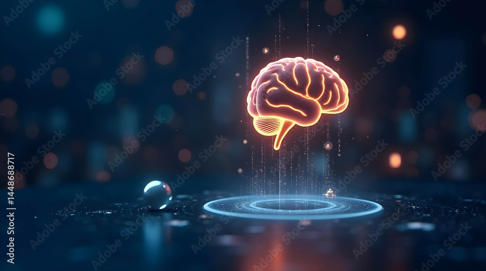 Poster A glowing human brain hologram emerges from a digital platform surrounded by abstract data icons in a futuristic