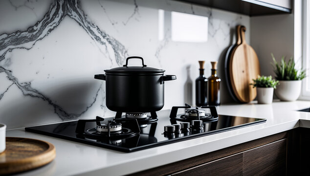Modern kitchen interior with black cooking pot on gas stove and marble backsplash in natural daylight setting