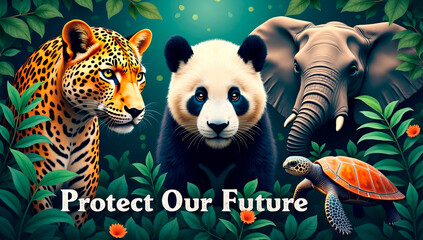A powerful conservation poster featuring multiple endangered animals—leopard, panda, elephant, and sea turtle—surrounded by foliage and a message: "Protect Our Future."