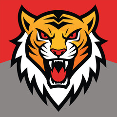 Fototapeta premium tiger face, snarling expression, red background, bold lines, geometric shapes, digital art 