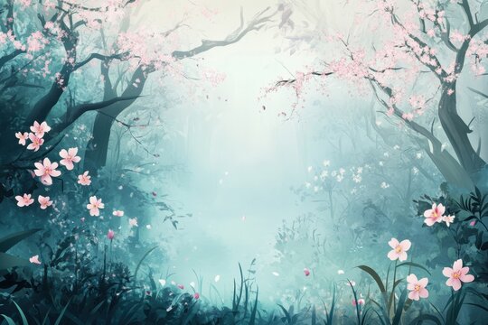 Serene cherry blossom forest painting with dreamy ethereal mood and soft pastel colors creating a tranquil scene with artistic style and romantic atmosphere