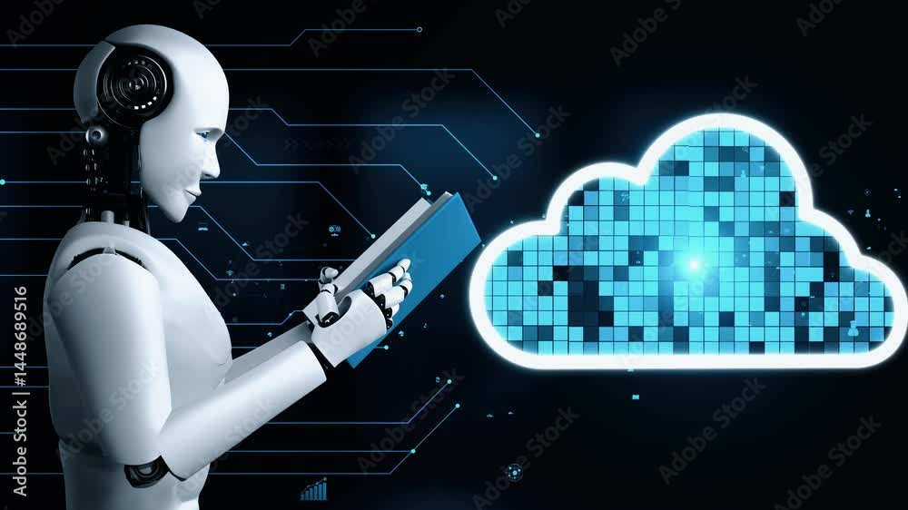 Poster AI robot huminoid uses cloud computing technology to store data on online server . Futuristic concept of cloud information storage analyzed by machine learning process . 3D rendering .