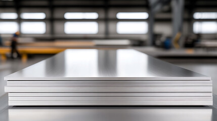 Stack of shiny metal sheets in a manufacturing plant, showcasing precision and industrial strength in a blurred background setting. Materials in factory.