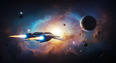 Naklejka premium A spaceship flying through a nebula with planets and stars in the background of outer space scene