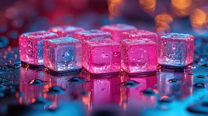 Colorful ice cubes reflecting in water droplets