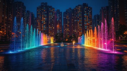 Colorful illuminated fountain in city at night