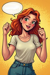 illustration of an enthusiastic girl with red hair, expressing joy and positivity. She has a cheerful facial expression with raised fists and an empty speech bubble