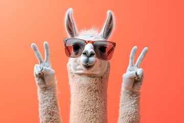 Cool llama wearing sunglasses shows peace sign against an orange background