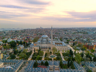 Stunning Aerial View of the Suleymaniye Mosque in Istanbul at Sunset. High-angle, panoramic view of...