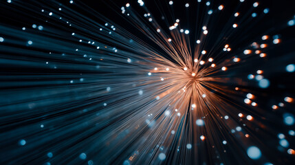 Fototapeta premium Radiating fiber optic cables emitting blue and orange glowing light in a dynamic high-tech burst