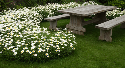 Rustic Picnic Table Surrounded By Daisy Blossoms In A Lush Green Garden