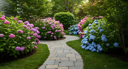 Obraz premium Serene Pathway Through a Vibrant Hydrangea Garden Retreat