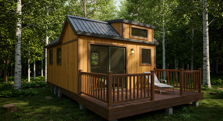 Fototapeta premium Idyllic Tiny Home Retreat Nestled Amongst the Forest Trees