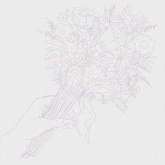 Fototapeta premium Line drawing of a bouquet of wildflowers in a hand